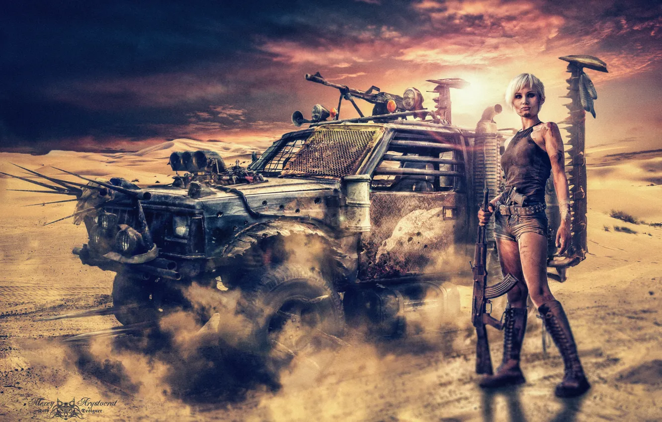 Photo wallpaper sand, the sky, girl, weapons, dust, armored car, Road rage, Mad Maх