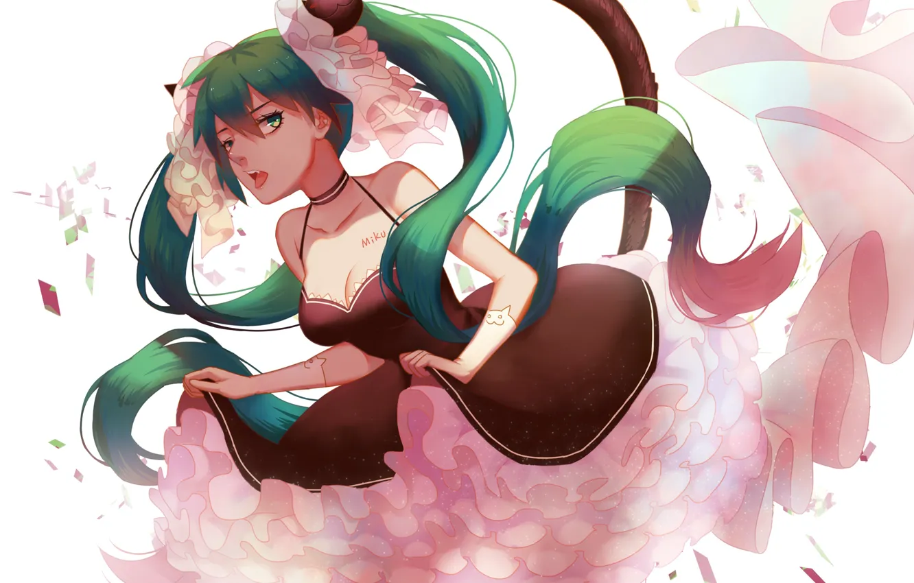 Photo wallpaper tail, neckline, vocaloid, hatsune miku, long hair, ruffles, neko girl, the fluffy skirt
