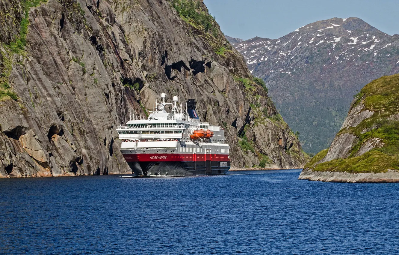 Photo wallpaper sea, rocks, Norway, cruise liner