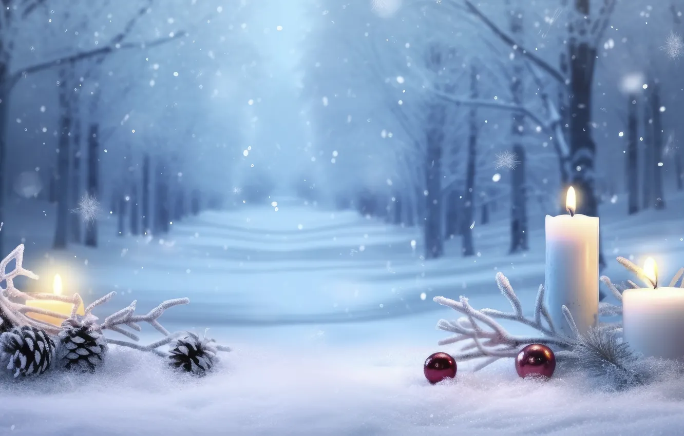 Photo wallpaper winter, frost, forest, balls, snow, trees, winter, new year