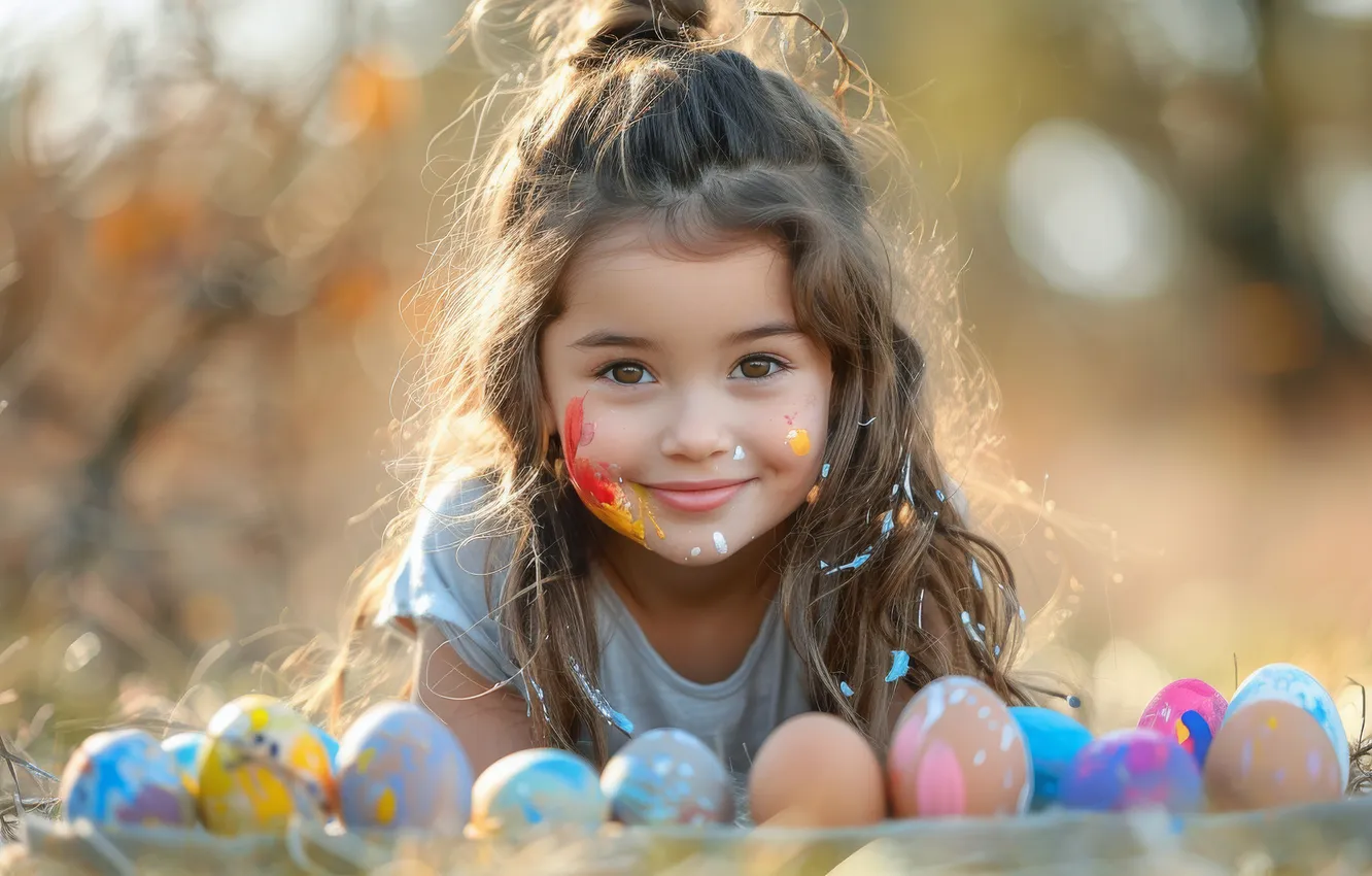 Photo wallpaper look, holiday, glade, eggs, spring, Easter, girl, cutie