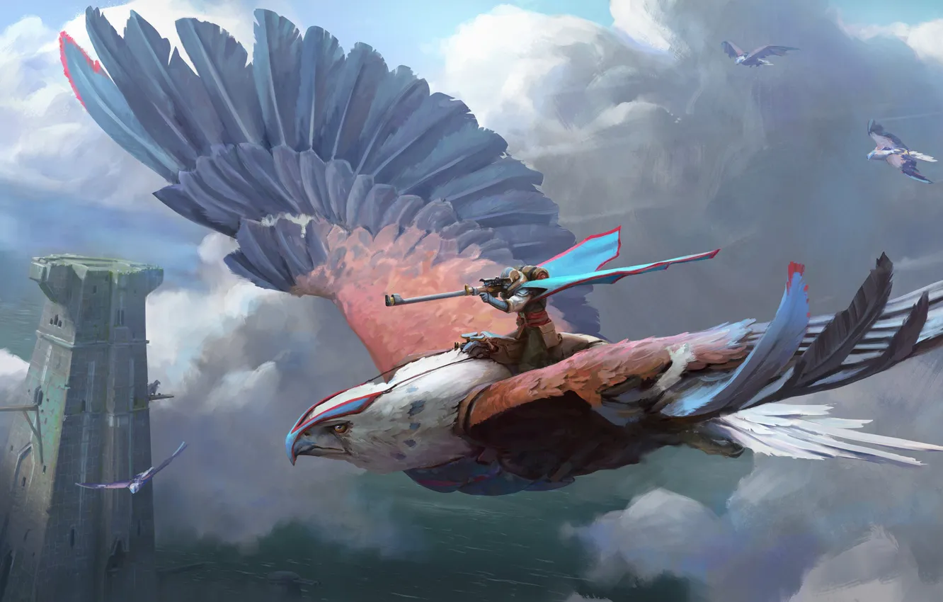 Photo wallpaper gun, fantasy, tower, sky, flying, weapon, wings, clouds