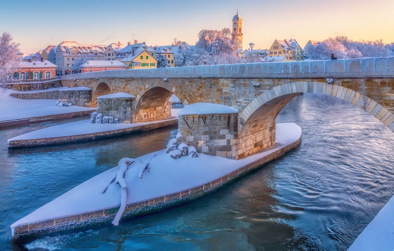Photo wallpaper winter, snow, bridge, river, Germany, Germany, Regensburg, Regensburg