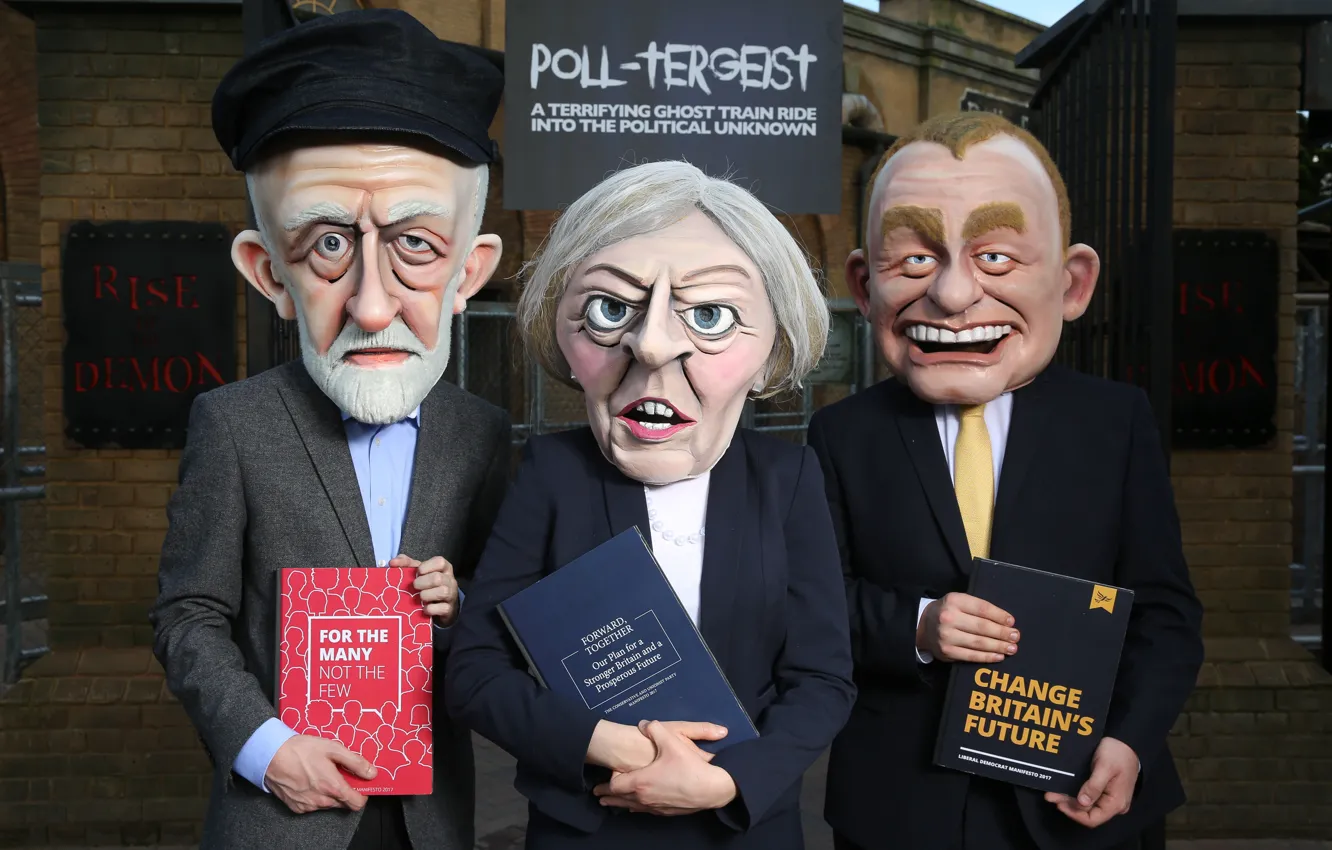 Photo wallpaper policy, elections, cartoon, Theresa May, Jeremy Corbyn, The Prime Minister of great Britain, Tim Farron, …