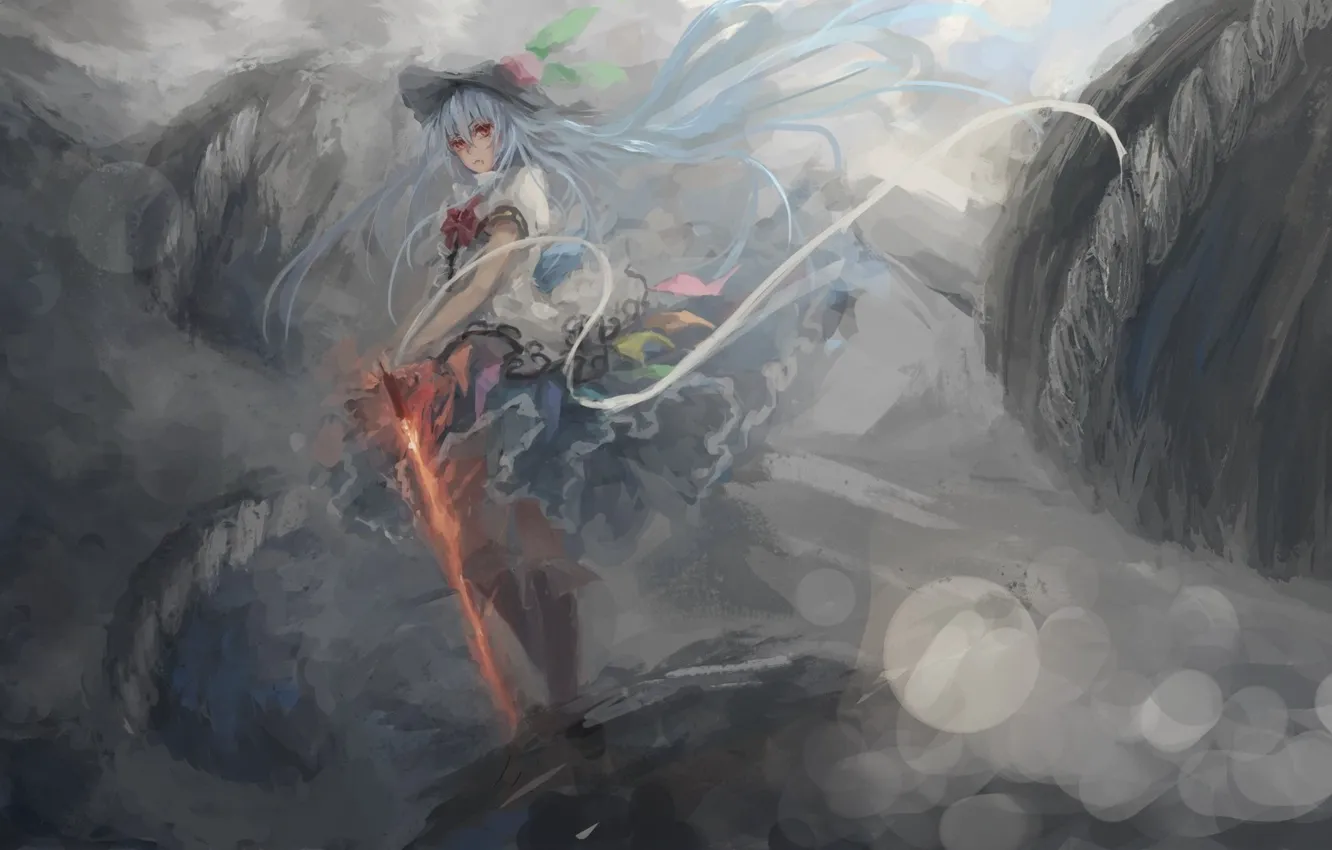 Photo wallpaper fog, magic, sword, hat, grey background, Hinanawi Tenshi, touhou, blue hair