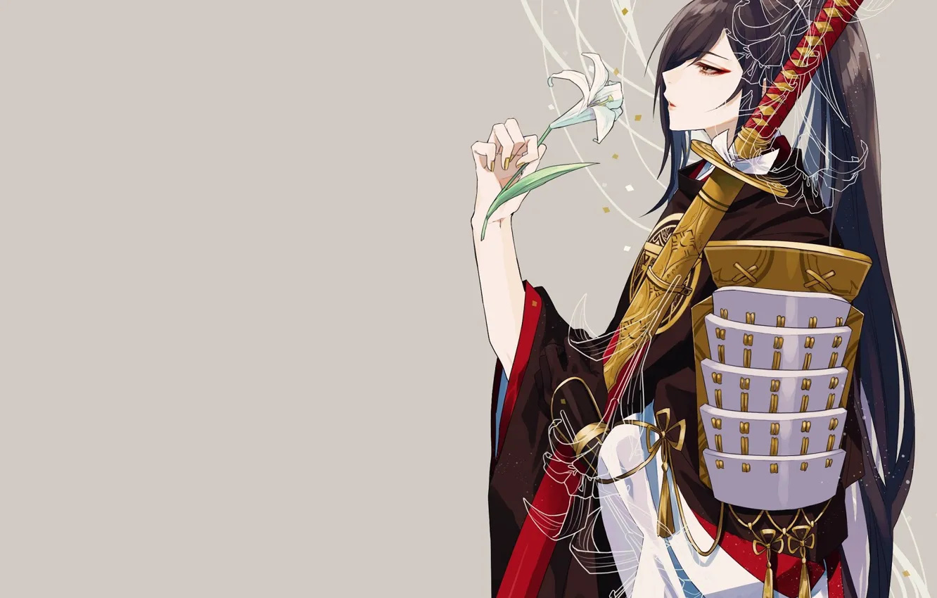 Photo wallpaper Lily, katana, armor, samurai, profile, grey background, long hair, sheath