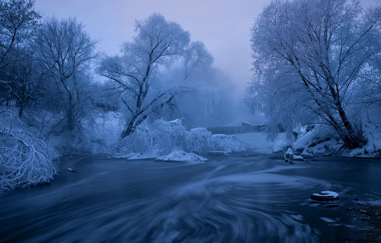 Photo wallpaper winter, frost, trees, river, waterfall, morning