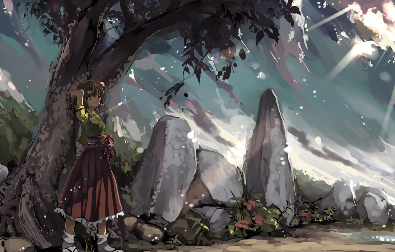 Photo wallpaper road, anime, art, girl, Red Merry