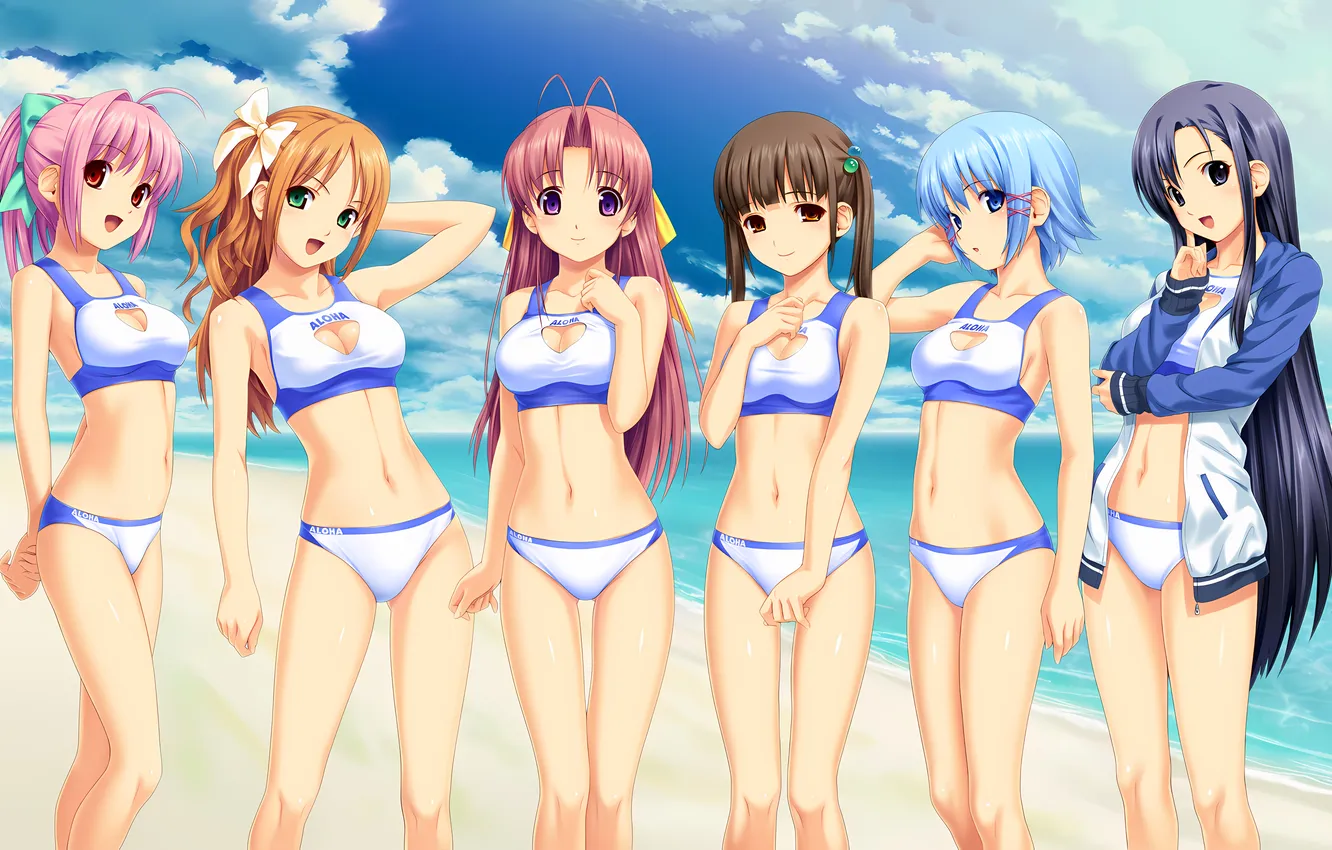 Photo wallpaper sexy, cleavage, beach, pink hair, green eyes, long hair, sea, girls