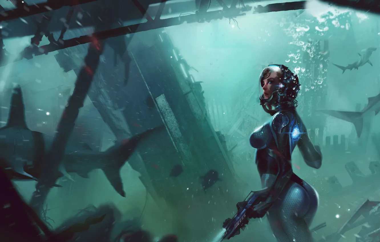 Photo wallpaper sea, girl, weapons, fish, shark, art, under water, scuba