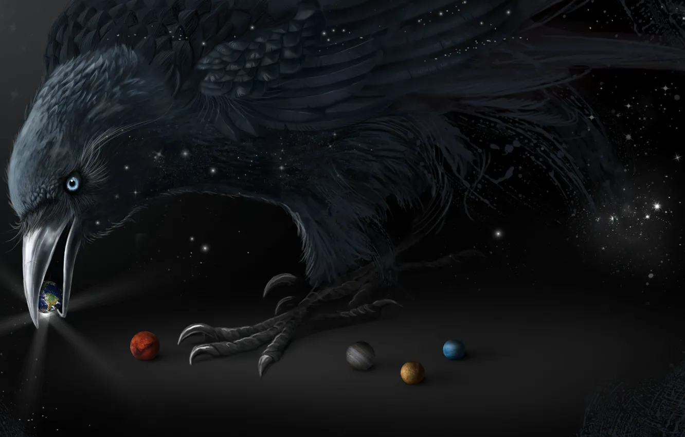Photo wallpaper bird, black, planet, beak, art, Raven