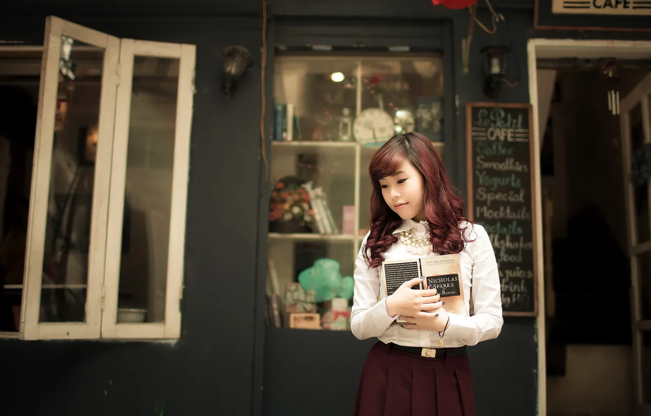 Photo wallpaper girl, books, Asian