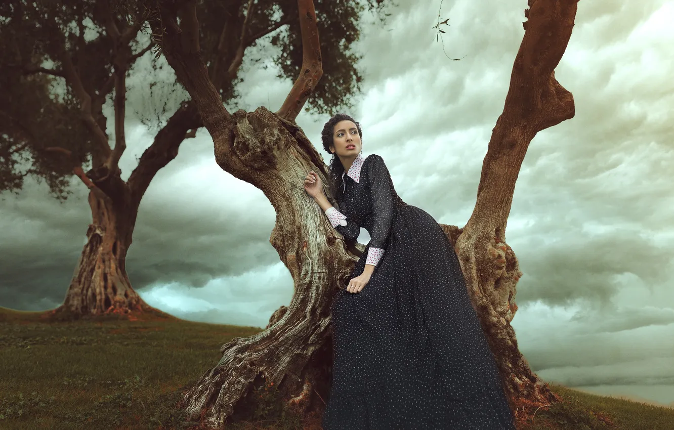 Photo wallpaper girl, trees, nature, face, hair, dress