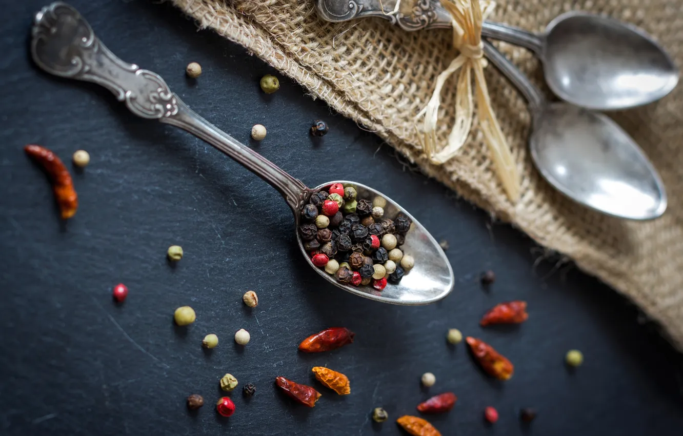 Photo wallpaper spoon, tape, pepper, bow, spices