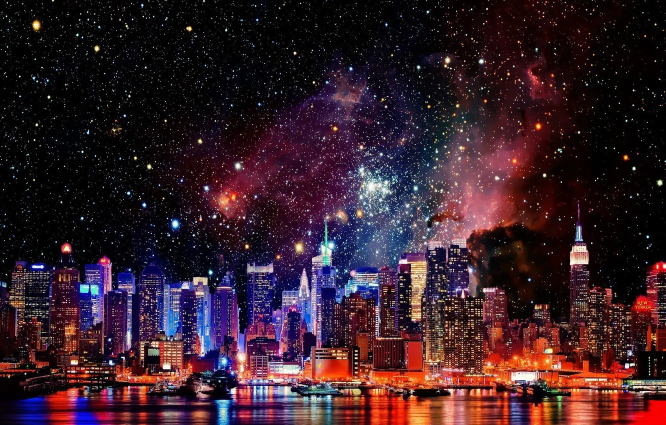 Photo wallpaper stars, night, building, New York, skyscrapers