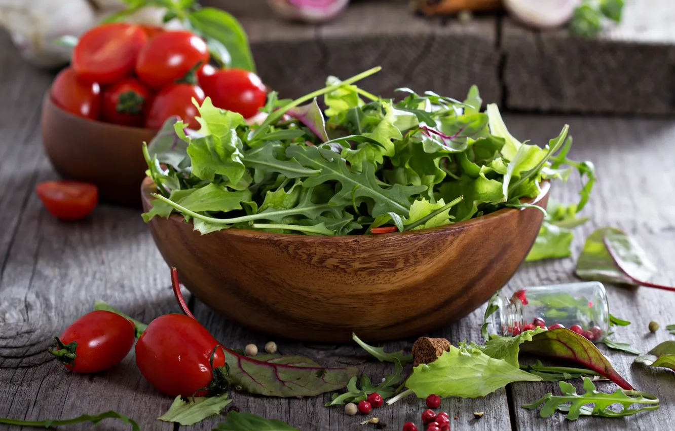 Photo wallpaper Green lettuce in a wooden bowl, Mixed green salad leaves in a wooden bowl, Mixed …