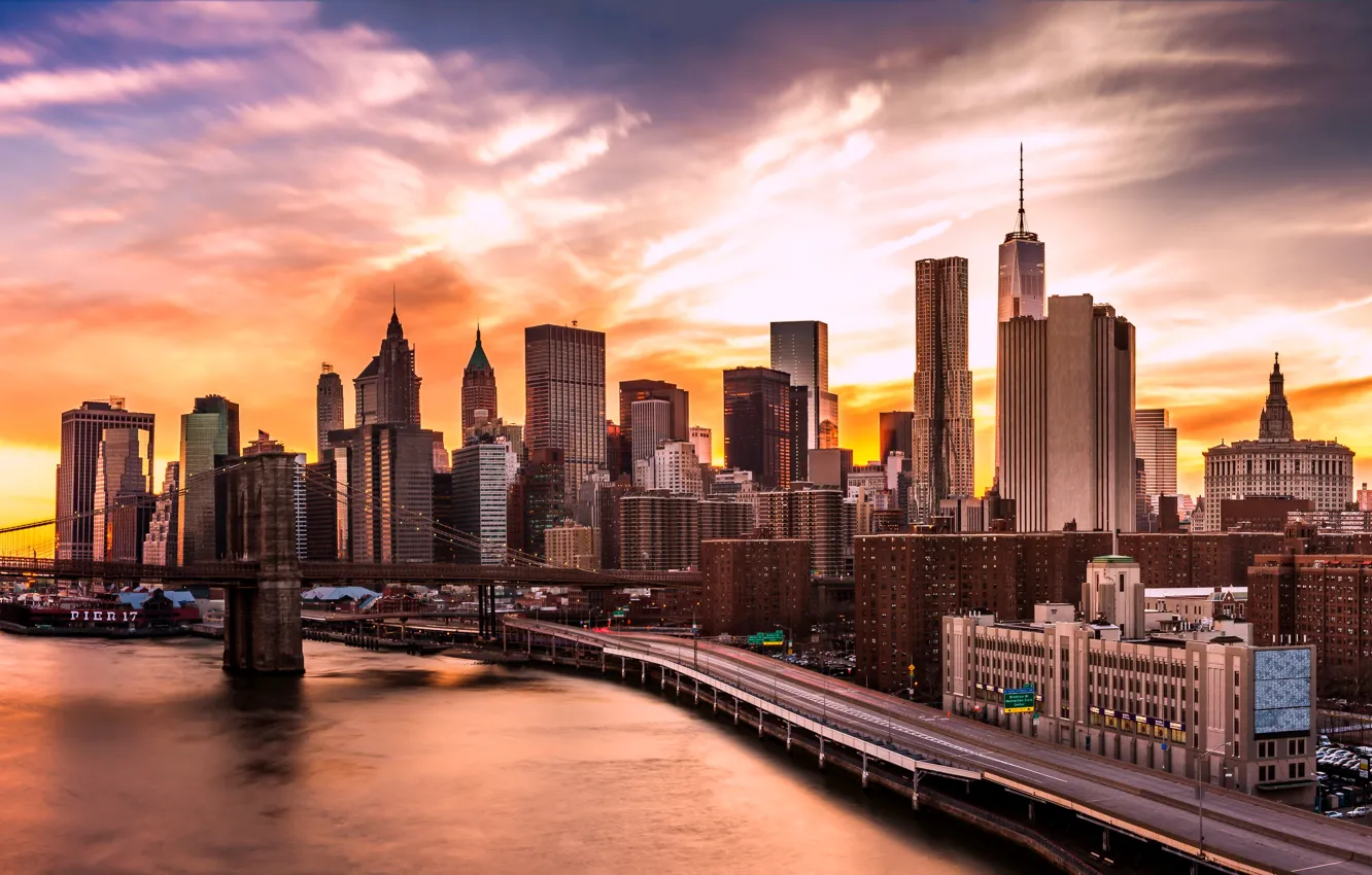Photo wallpaper lights, USA, river, sky, bridge, sunset, New York, Manhattan