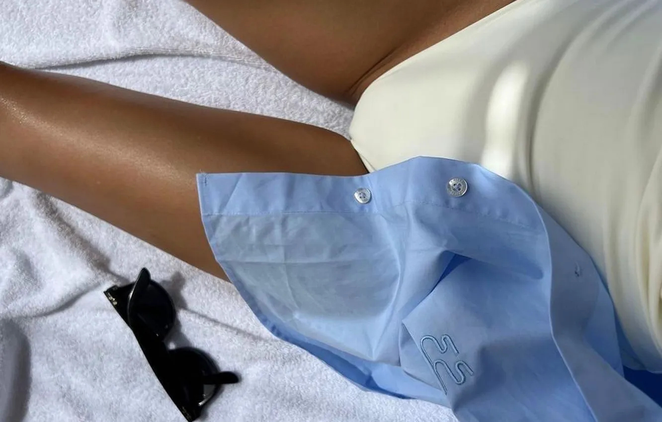 Photo wallpaper summer, girl, shirt, sunglasses, slender legs, White Swimsuit, tanned legs