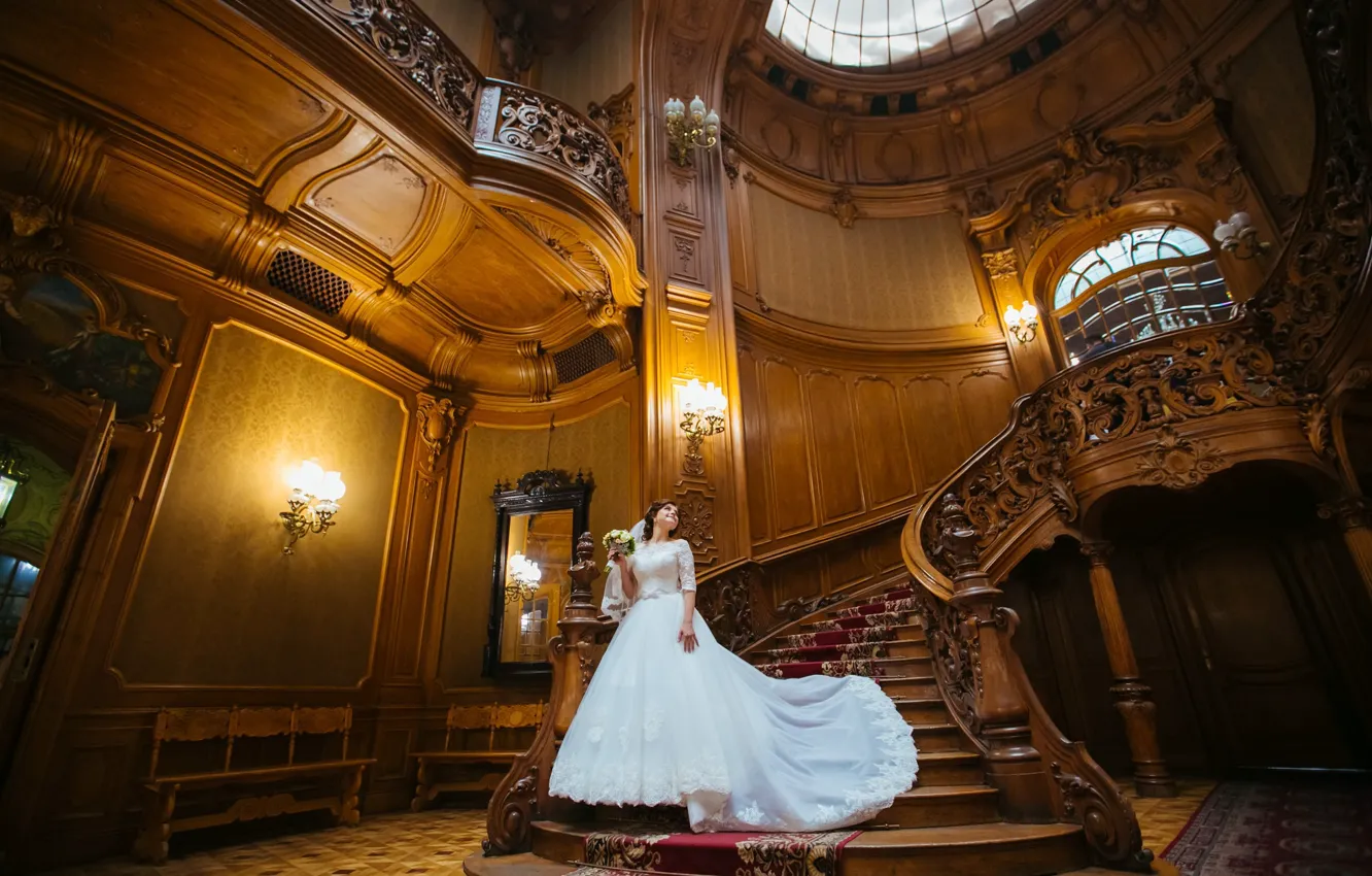 Photo wallpaper girl, pose, model, bouquet, dress, ladder, mansion, wedding