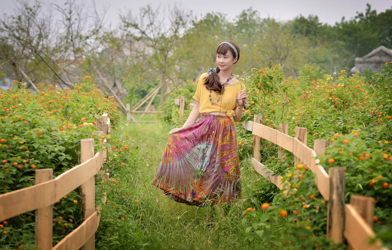 Photo wallpaper girl, nature, face, the fence, dress, walk, East