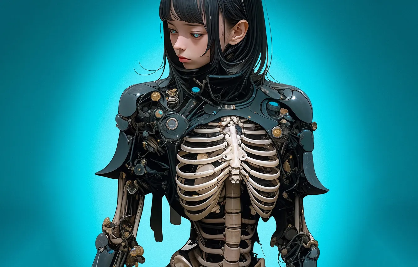 Photo wallpaper mechanism, skeleton, cyborg, black hair, Android, shoulders
