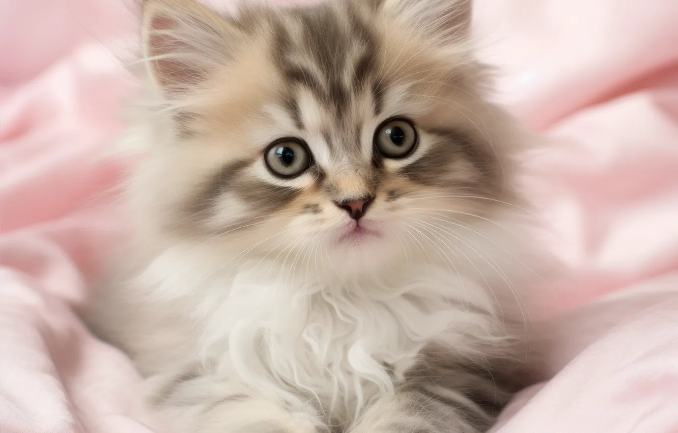 Photo wallpaper cat, look, portrait, baby, bed, lies, kitty, face