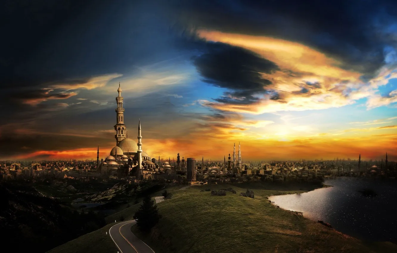Photo wallpaper road, the sky, clouds, sunset, the city, mosque