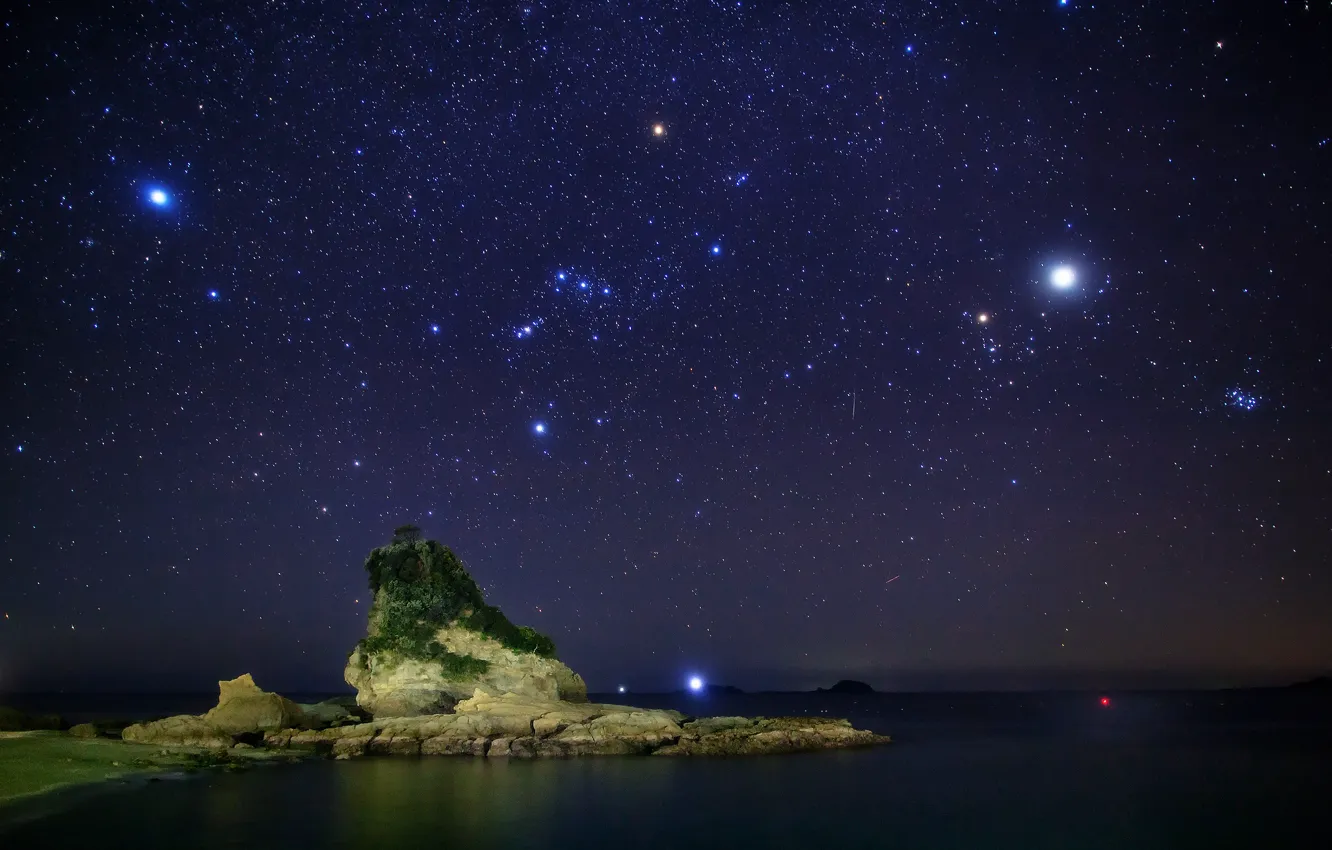 Photo wallpaper sea, the sky, stars, night, stones, tree, constellation