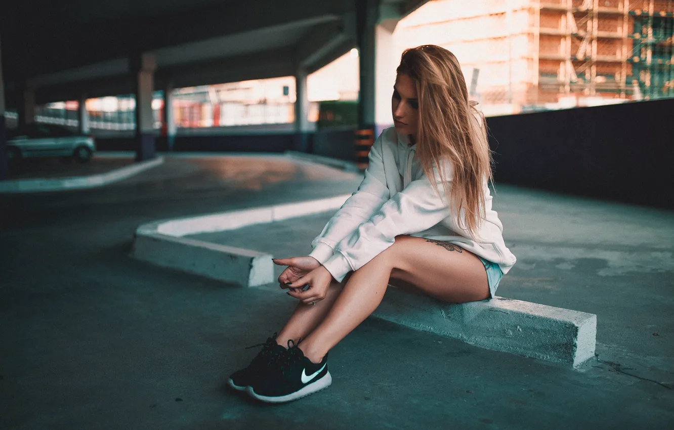 Photo wallpaper sexy, pose, model, building, skirt, portrait, makeup, figure