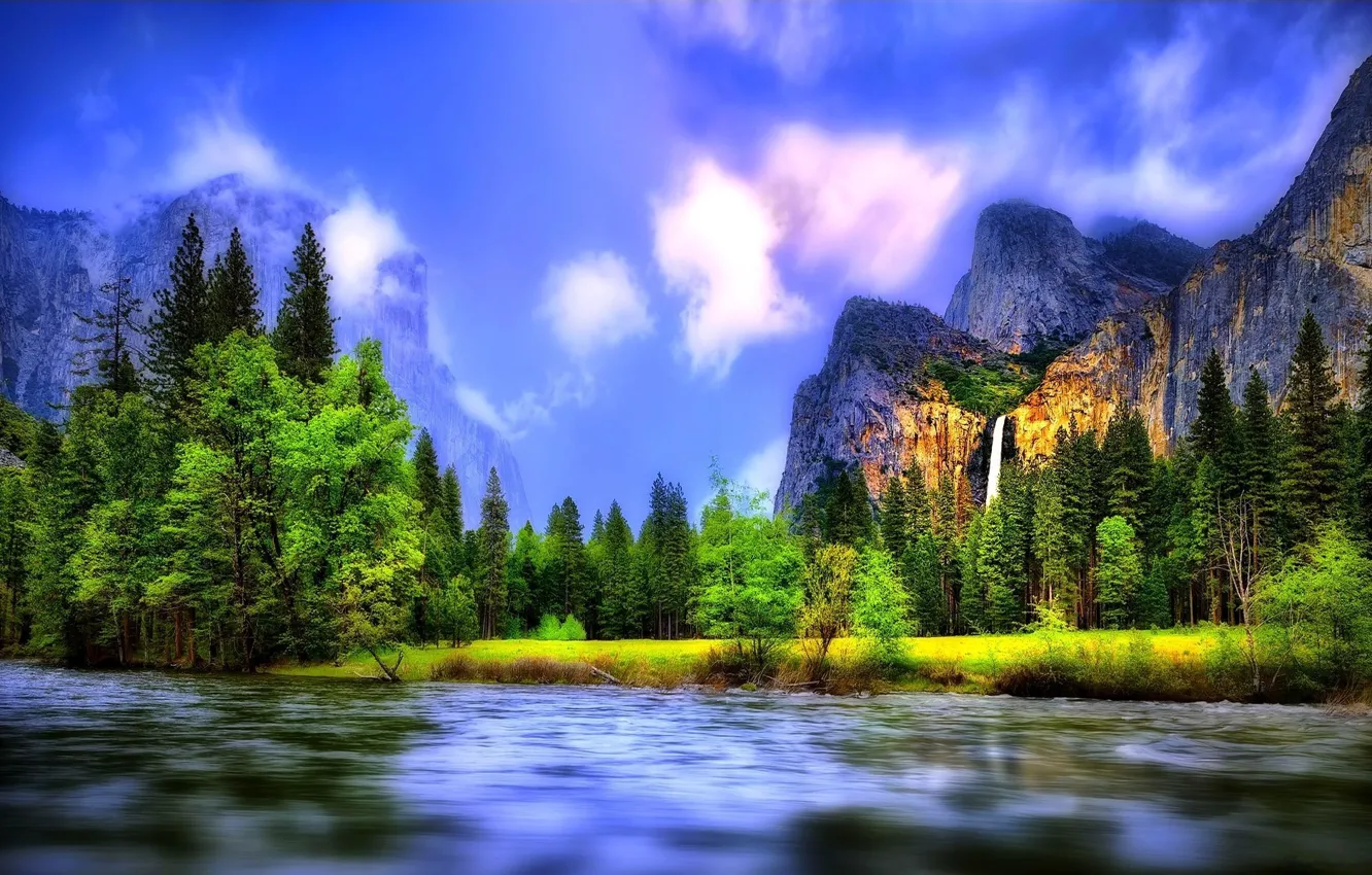 Photo wallpaper forest, landscape, mountains, river, waterfall