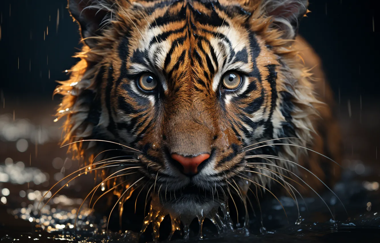 Photo wallpaper look, face, water, tiger, predator, big cat, digital art, AI art