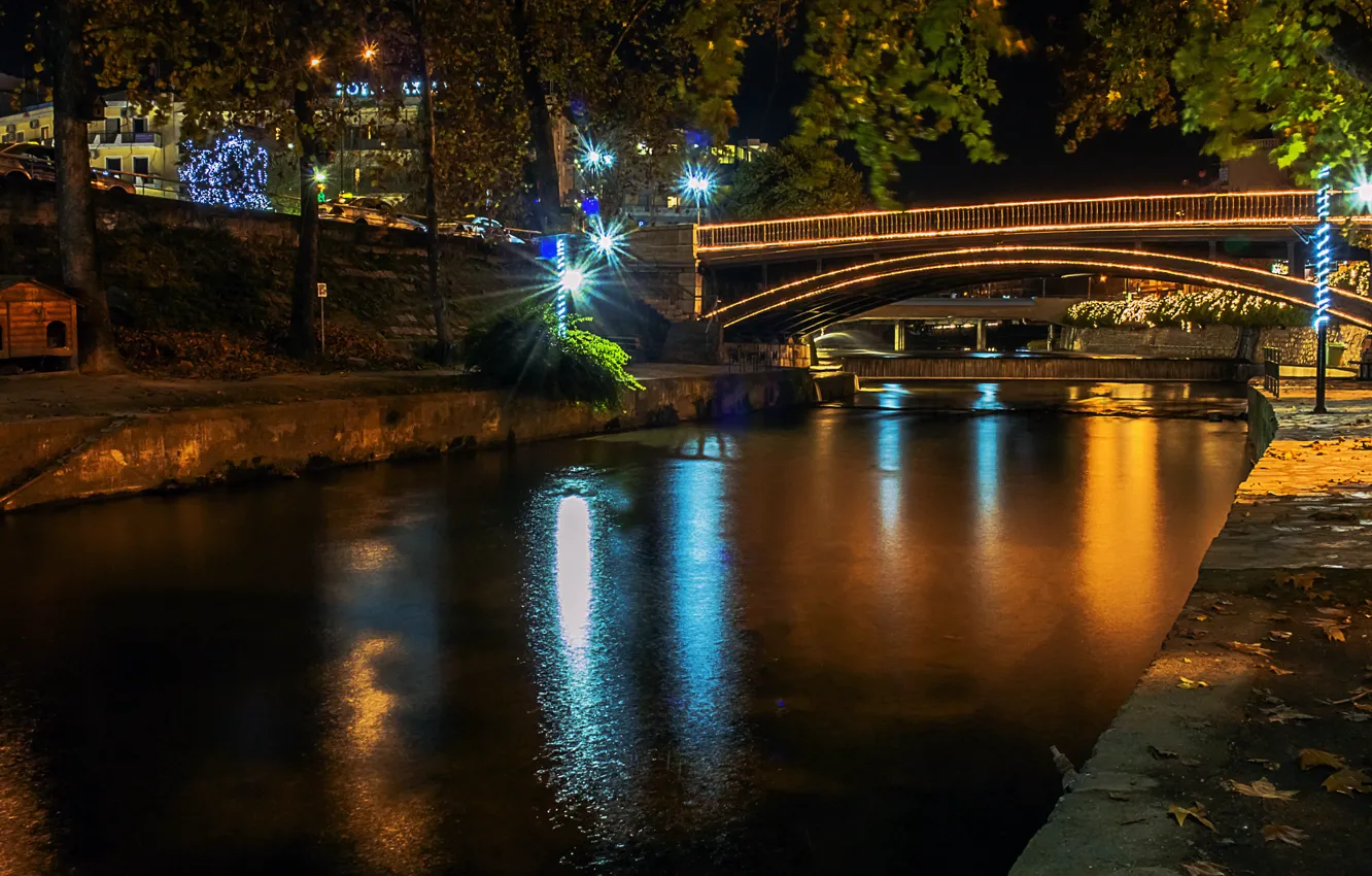 Photo wallpaper light, night, bridge, river, Trikala