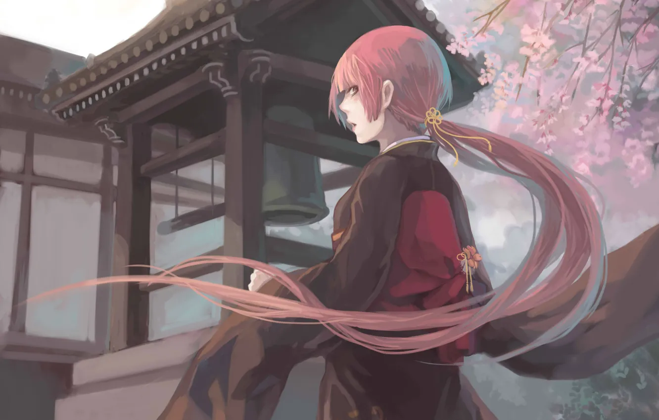 Photo wallpaper Sakura, temple, kimono, vocaloid, long hair, Vocaloid, bell, nekomura iroha
