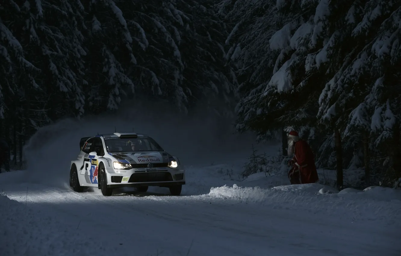 Photo wallpaper Auto, Night, White, Snow, Forest, Volkswagen, Machine, Light