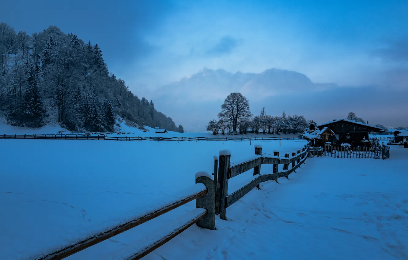 Photo wallpaper winter, snow, the fence, village