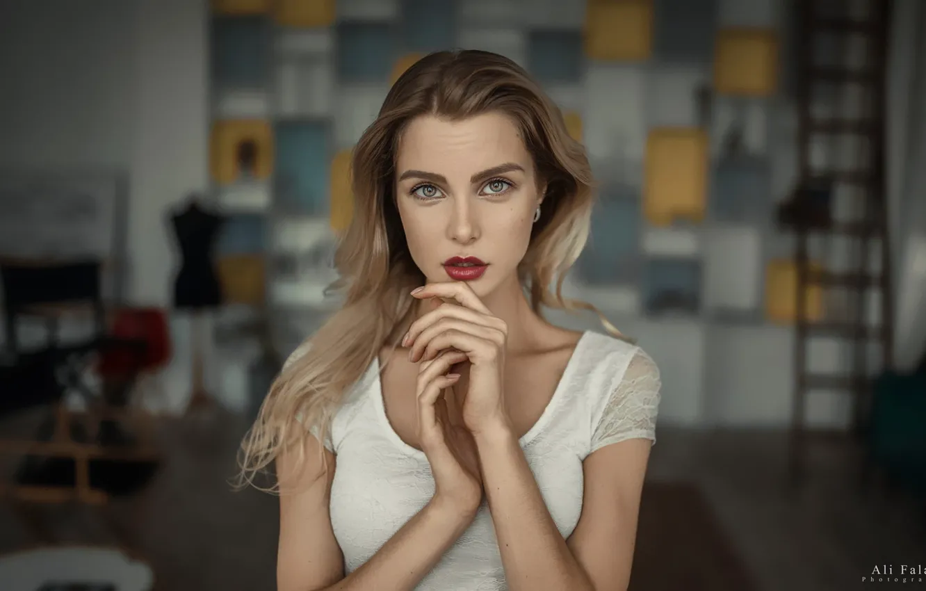 Photo wallpaper look, background, model, portrait, hands, makeup, hairstyle, blonde