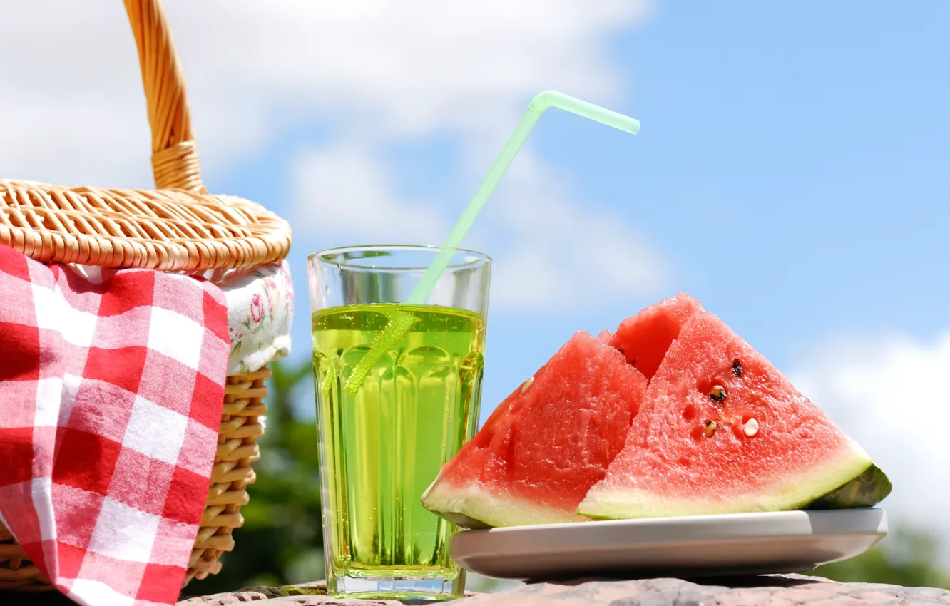 Photo wallpaper summer, water, basket, watermelon, drink, picnic, tube