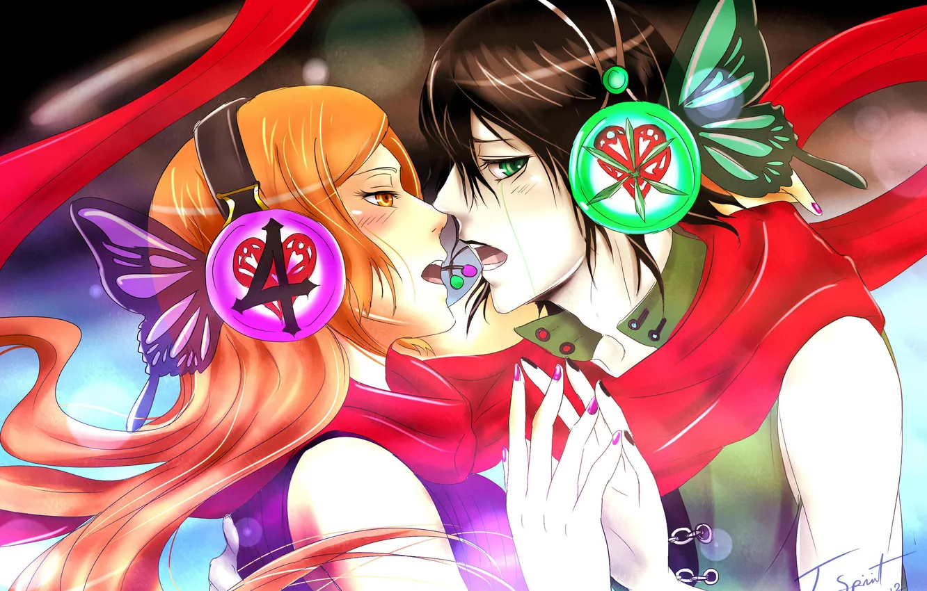 Photo wallpaper look, bright colors, girl, love, music, tenderness, headphones, guy