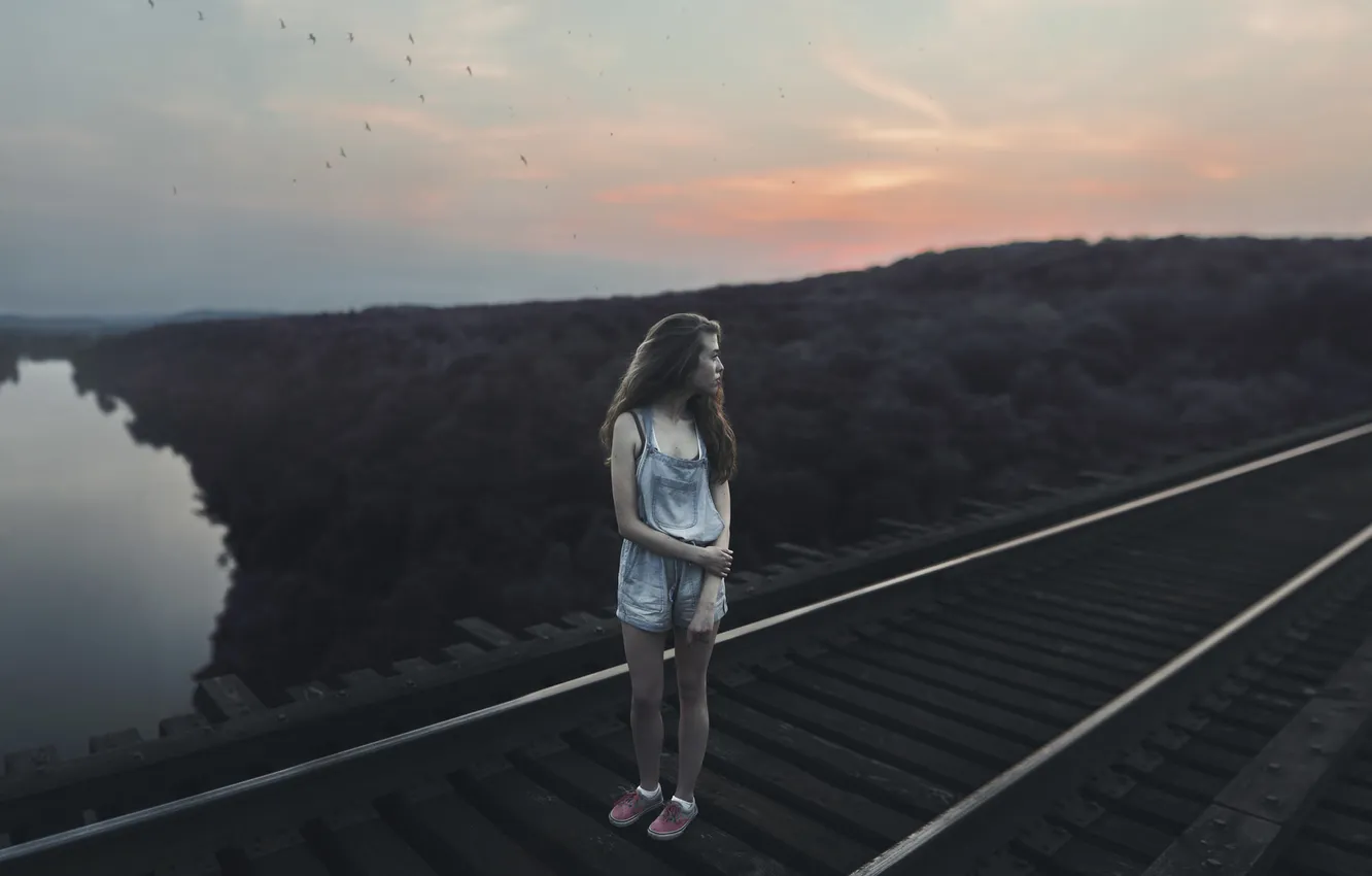 Photo wallpaper road, girl, night