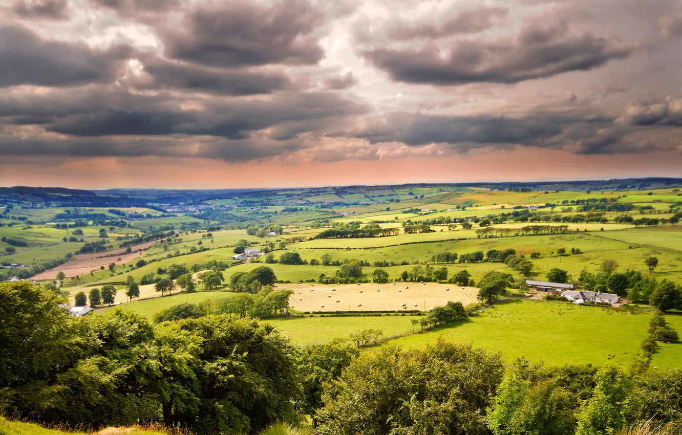 Photo wallpaper field, the sky, clouds, valley