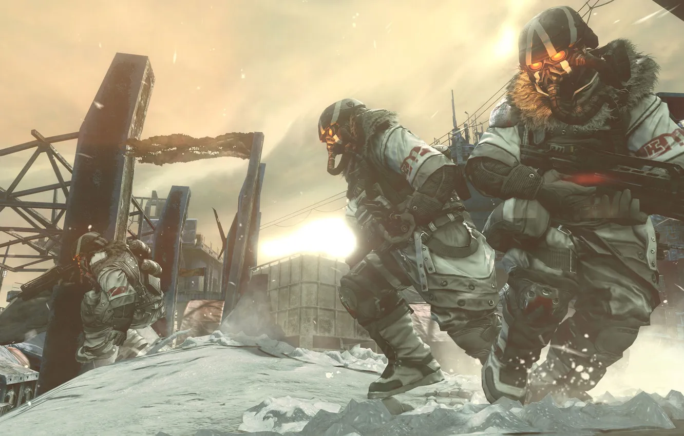 Photo wallpaper winter, snow, weapons, mask, soldiers, machine, Killzone 3