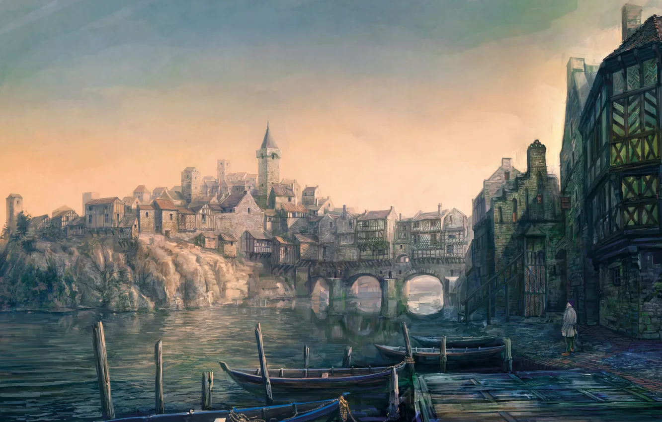 Photo wallpaper the city, boats, pier, The Witcher, The Witcher 3: Wild Hunt
