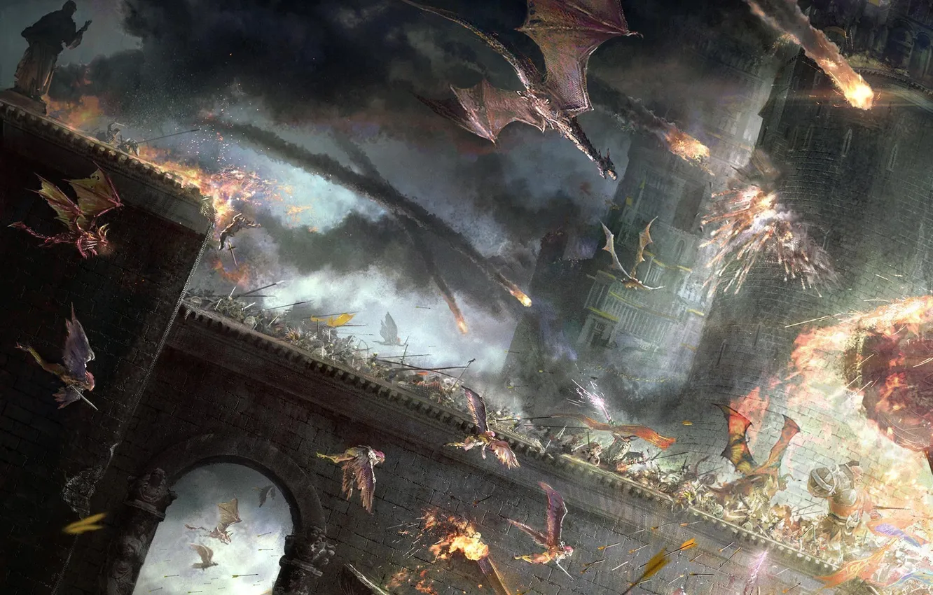 Photo wallpaper castle, war, dragons