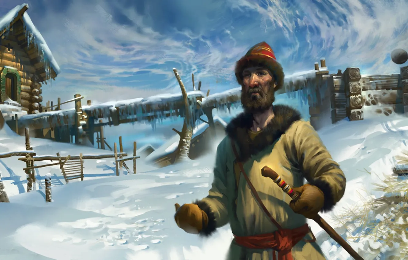 Photo wallpaper winter, snow, man, village, art, Russia