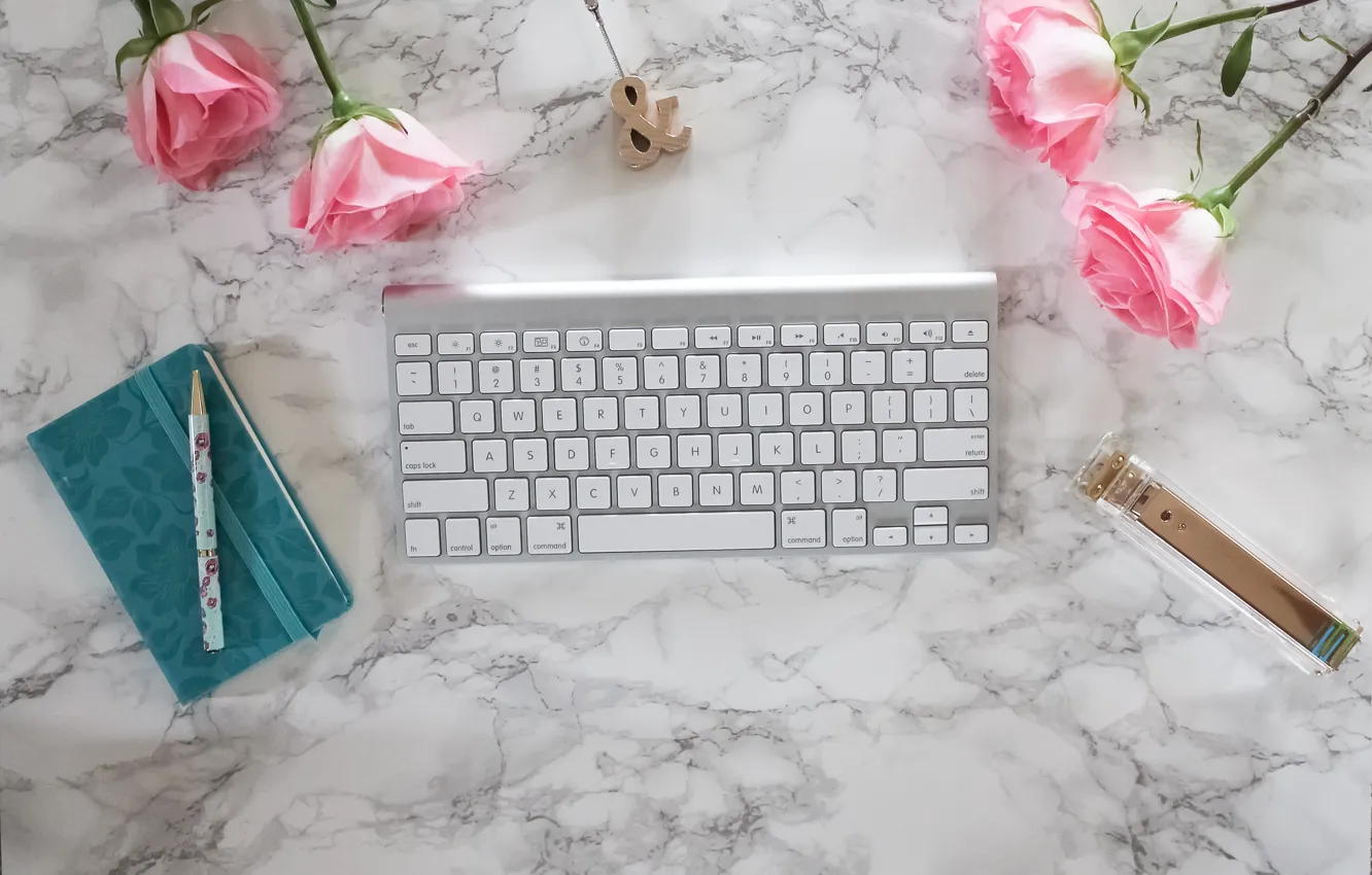 Photo wallpaper roses, handle, Notepad, pink, flowers, roses, keyboard, marble