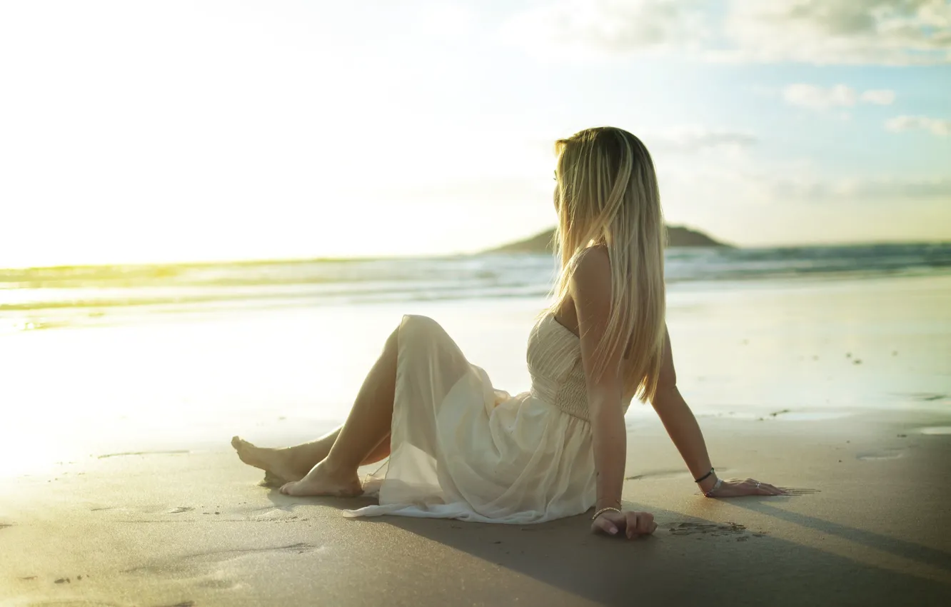 Photo wallpaper sand, beach, girl, pose, dress, blonde, sitting, sundress