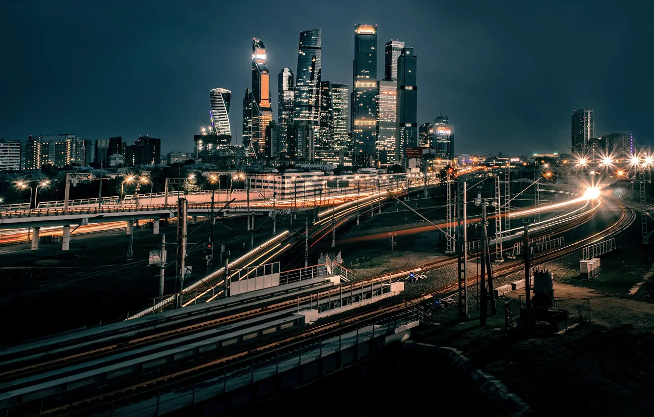 Photo wallpaper night, the city, building, road, home, lighting, lights, Moscow