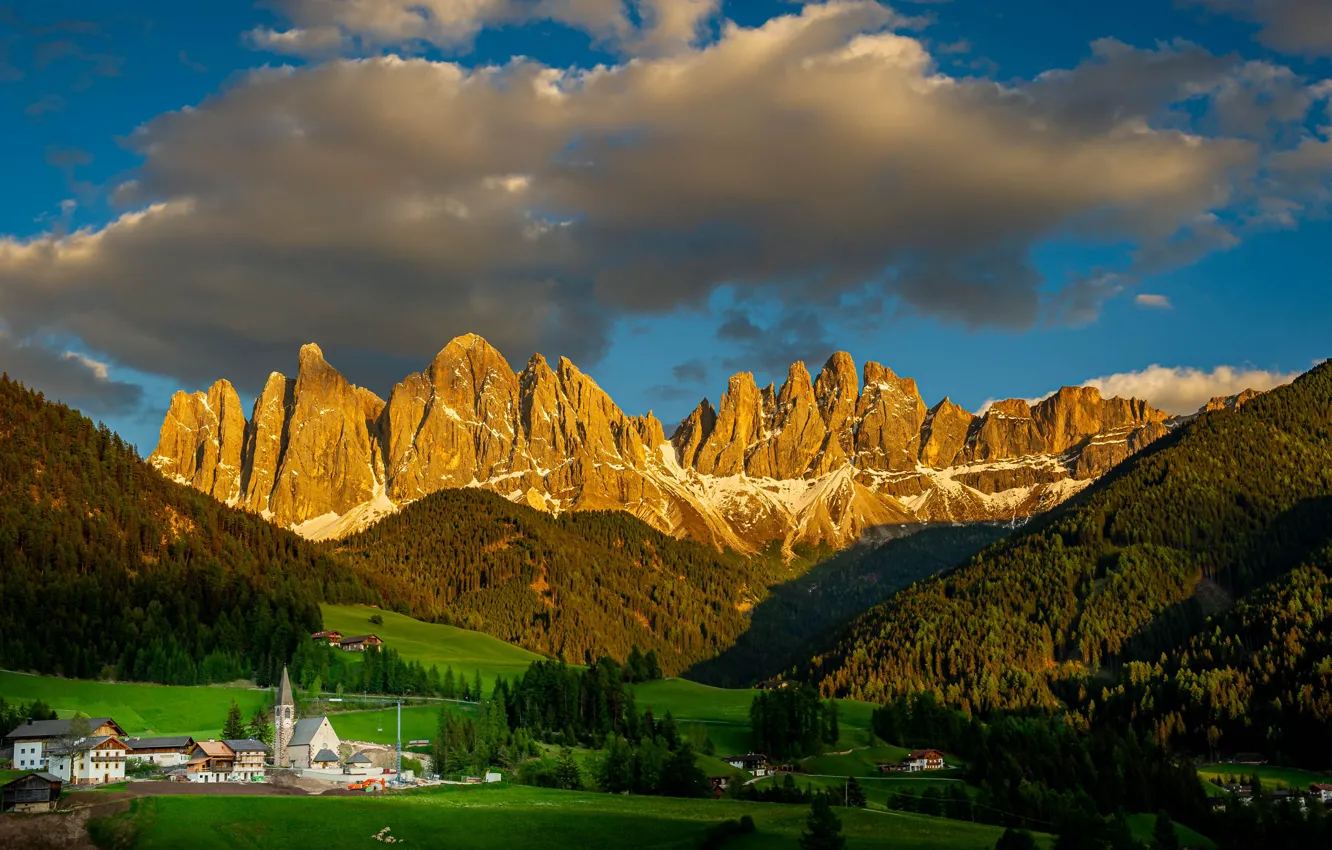 Photo wallpaper forest, clouds, light, mountains, blue, rocks, tops, valley