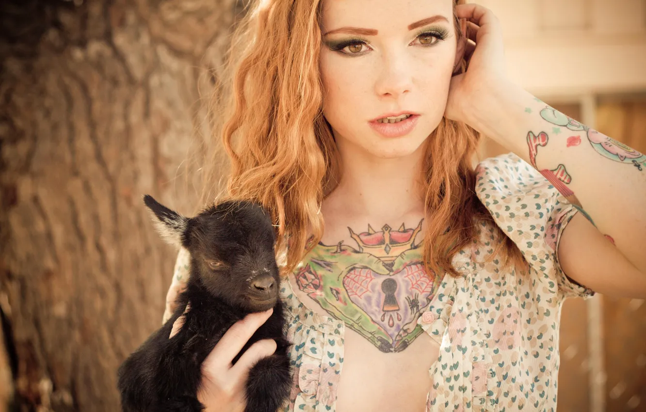 Photo wallpaper girl, blouse, woman, tree, model, tattoo, animal, redhead