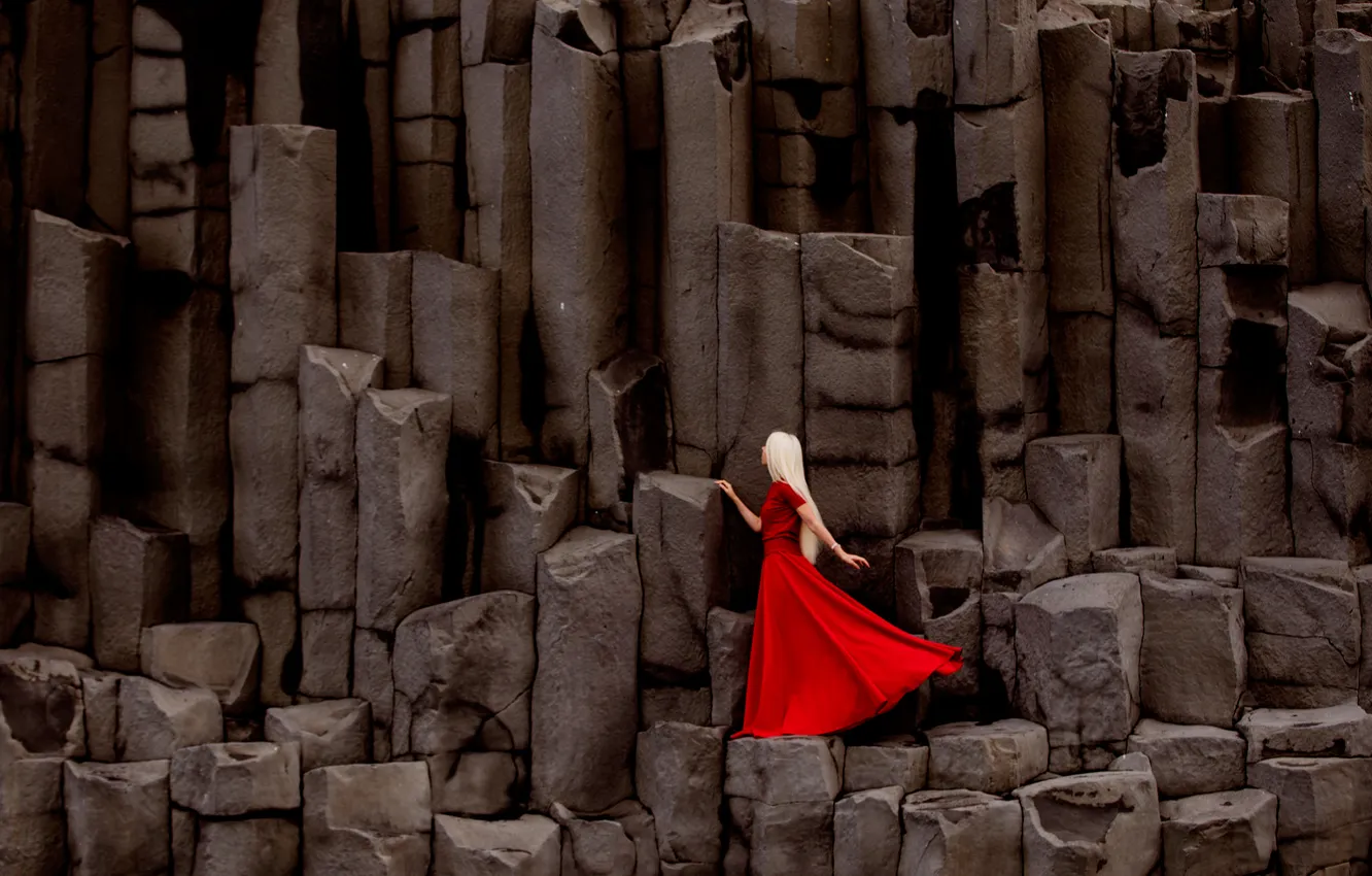 Photo wallpaper girl, pose, stones, background, model, dress, hairstyle, blonde